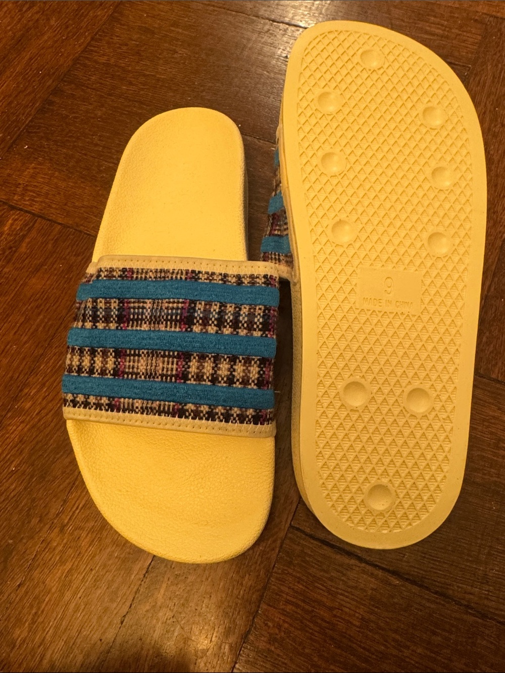 adidas Yellow Slide Sandals with Blue Accent Strap